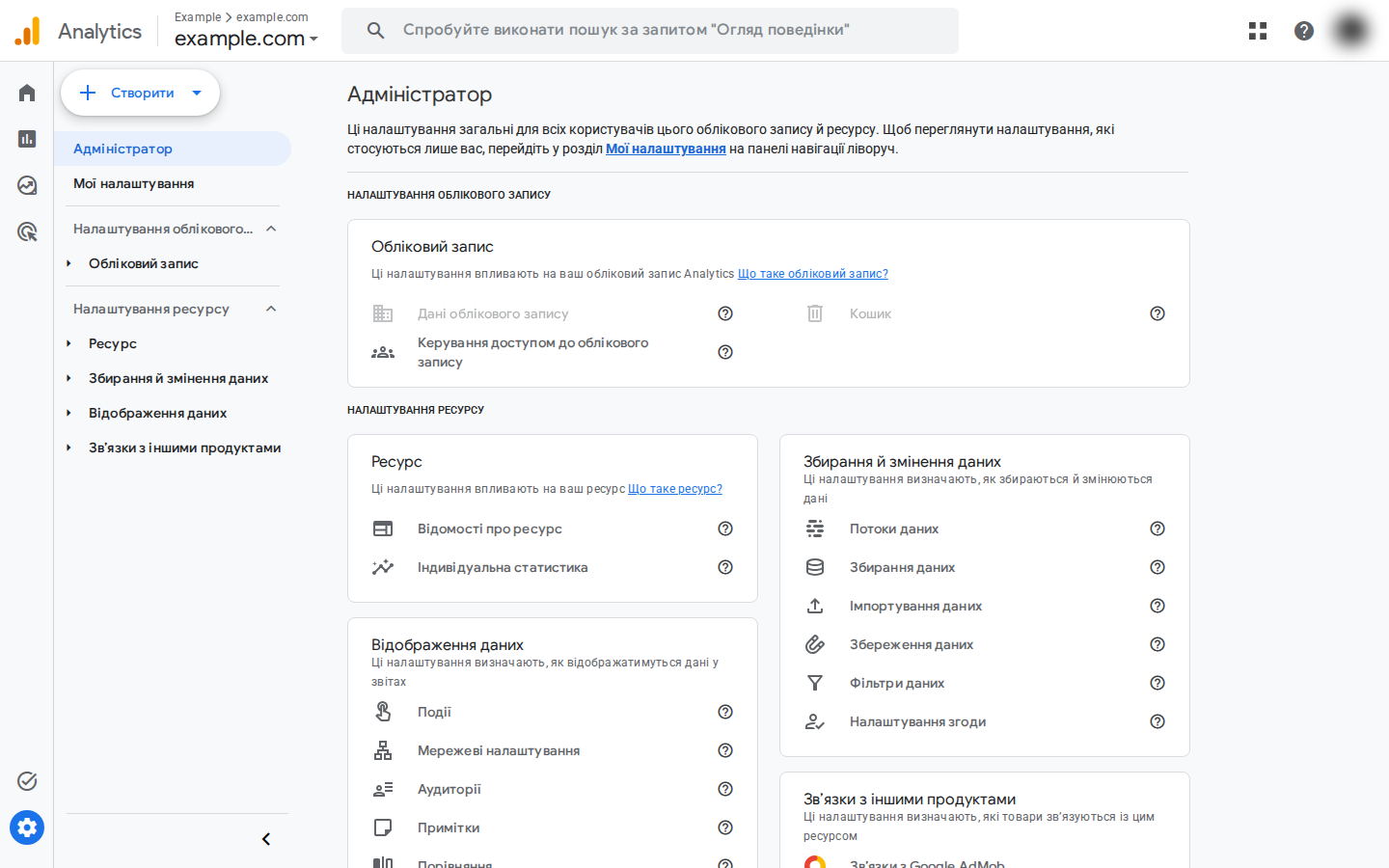 Розділ Адміністратор у Google Analytics 4: налаштування облікового запису і ресурсу